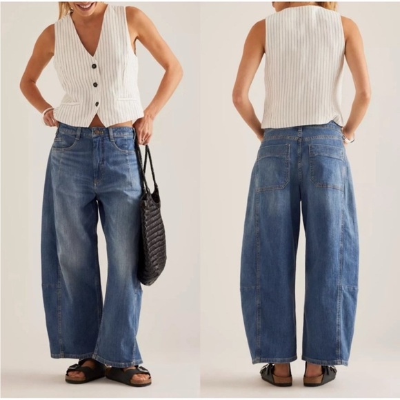 Pilcro Denim - Pilcro Anthropologie Blue Wide Leg Cropped Barrel Denim Jeans Size 28 Tall Chic
